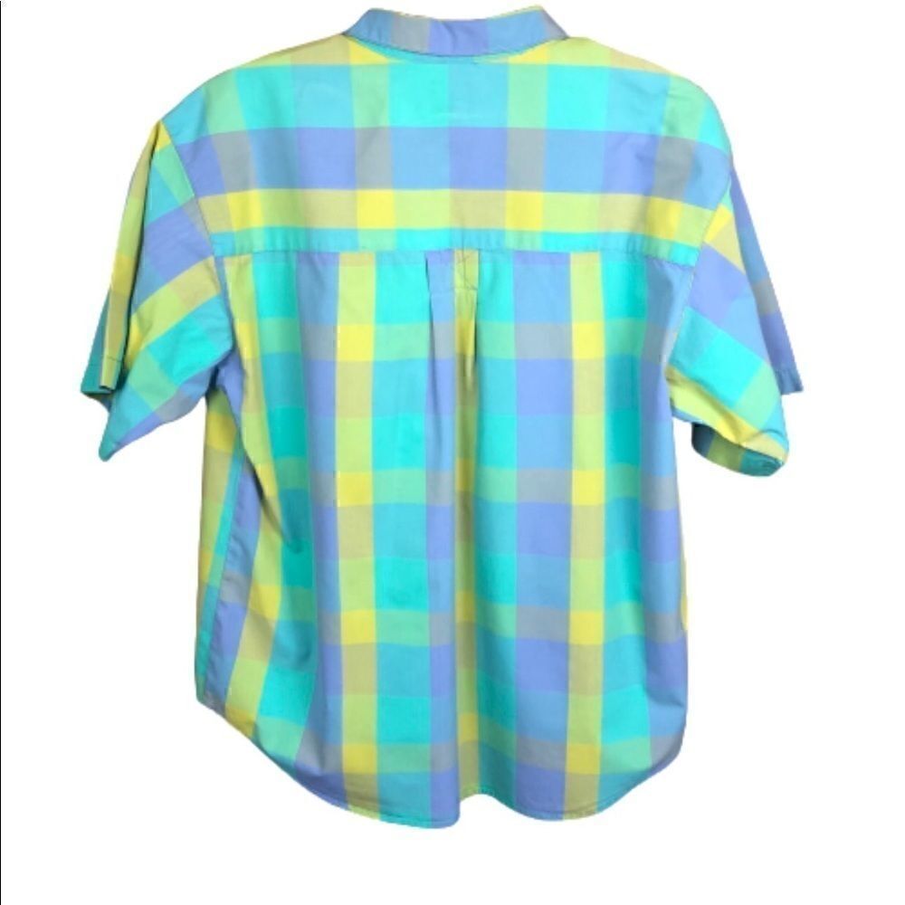 Dockers Striped Blouse Plaid Pastel Button Front Short Sleeve Front Pocket Large - Picture 3 of 8